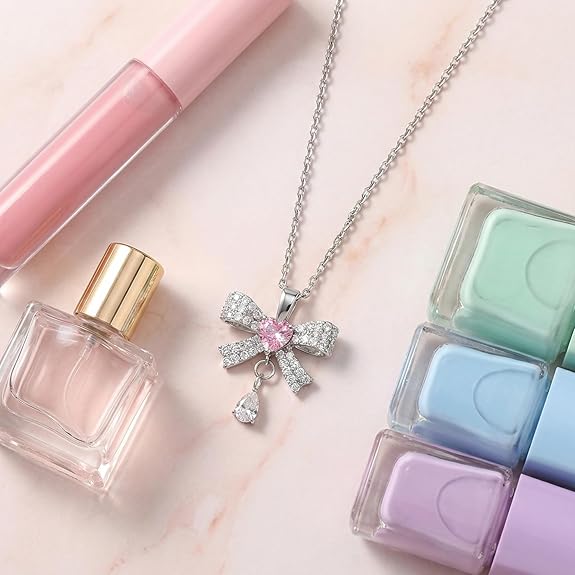 Gold Bow Necklace for Women, 14K Gold Plated Cubic Zirconia Bow Pendant, Cute and Delicate Bow Jewelry, Valentine’s Day Gift for Her