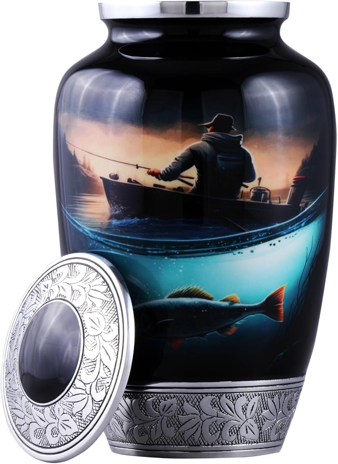 Fishing Cremation Urn for Human Ashes | Adult Cremation Urn for Ashes, Urn for Men & Women, Handmade Funeral Urns with Velvet Bag 200cubic Inch. (Black Engraved, Adult)