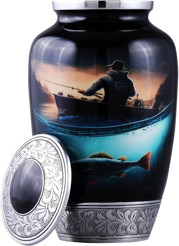 Fishing Cremation Urn for Human Ashes | Adult Cremation Urn for Ashes, Urn for Men & Women, Handmade Funeral Urns with Velvet Bag 200cubic Inch. (Black Engraved, Adult)