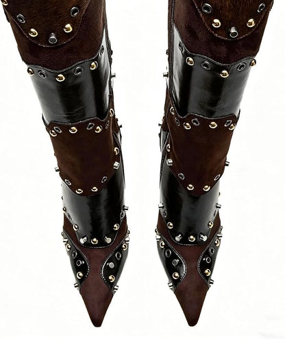 Women's Knee High Stiletto Boots – Pointed Toe Rivet Tall Boots with Side Zipper, Sexy High Heel Dress Boots for Party Nightclub Evening Clubwear Fall Winter Fashion Booties