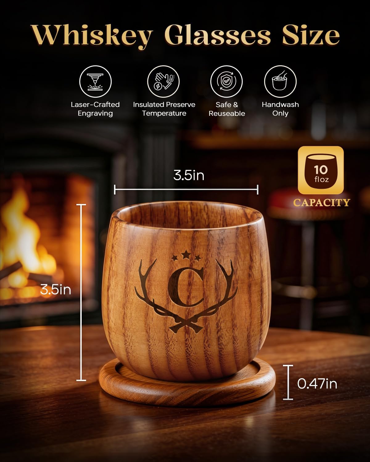 Birthday Gifts for Men Whiskey Glasses Personalized Bourbon Glasses Engraved Wood Whiskey Tumbler Gifts for Men Him Husband Dad Father's Day Whiskey Lovers Letter C Initial Bourbon Drinking Glass Cup