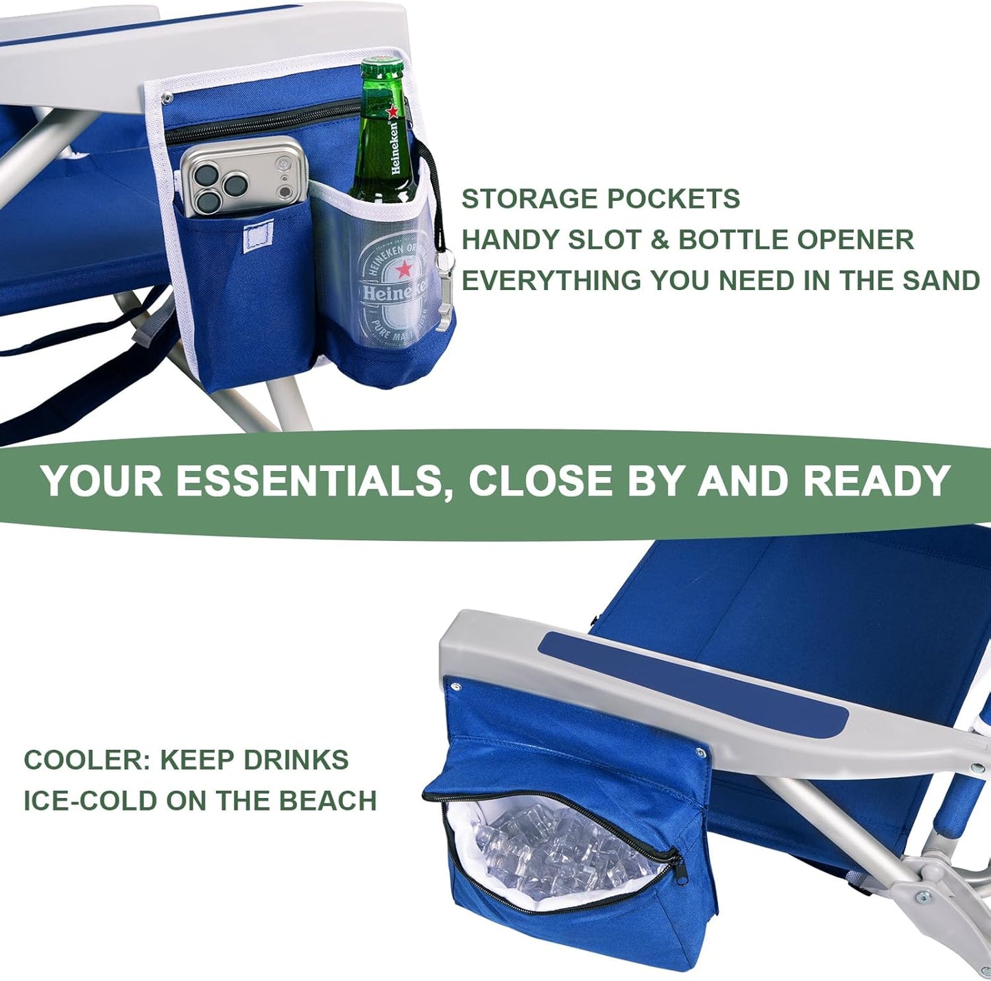 Romswi Extra Wide Beach Chair with Canopy Shade, 1 Pack Aluminum Folding Chairs with Detachable & Adjustable Umbrella, 5-Position Lay Flat, Cooler Bag, Cup & Phone Holder, Towel Bar, Royal Blue
