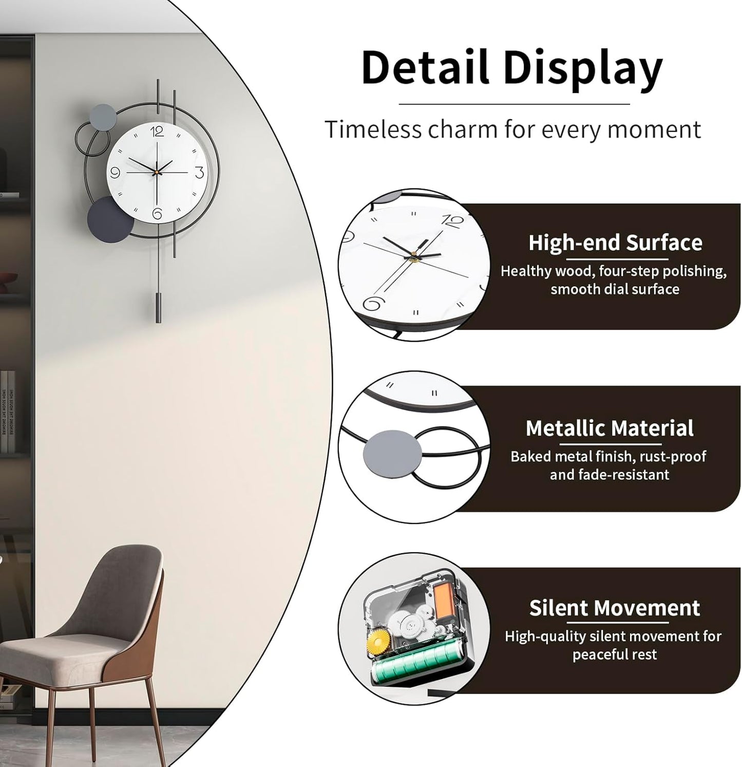 JTWALCLOCK Decorative Wall Clock for Living Room Decor Large Modern Black Metal Wall Clock with Pendulum Battery Operated Non Ticking 15 Inch Big Silent Clock for Kitchen Office Bedroom Home Decor