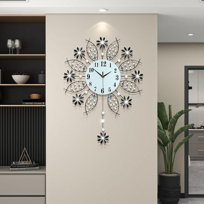 Decorative Wall Clock for Living Room Decor Big Luxury Black Modern Crystal Wall Clock with Pendulum Battery Operated Non-Ticking Large Silent Metal Clock for Kitchen Office Bedroom