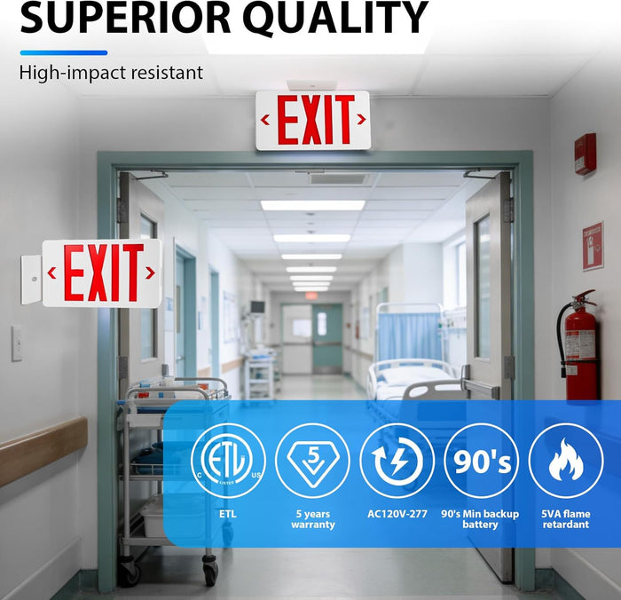 LED Exit Sign with Battery Backup, Double Sided Red Emergency Light, AC 120-277V Hardwired,ETL Listed,Exit Sign for Business,2 Pack