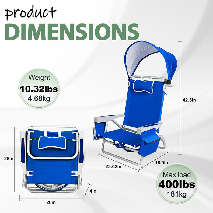 Romswi Extra Wide Beach Chair with Canopy Shade, 1 Pack Aluminum Folding Chairs with Detachable & Adjustable Umbrella, 5-Position Lay Flat, Cooler Bag, Cup & Phone Holder, Towel Bar, Royal Blue
