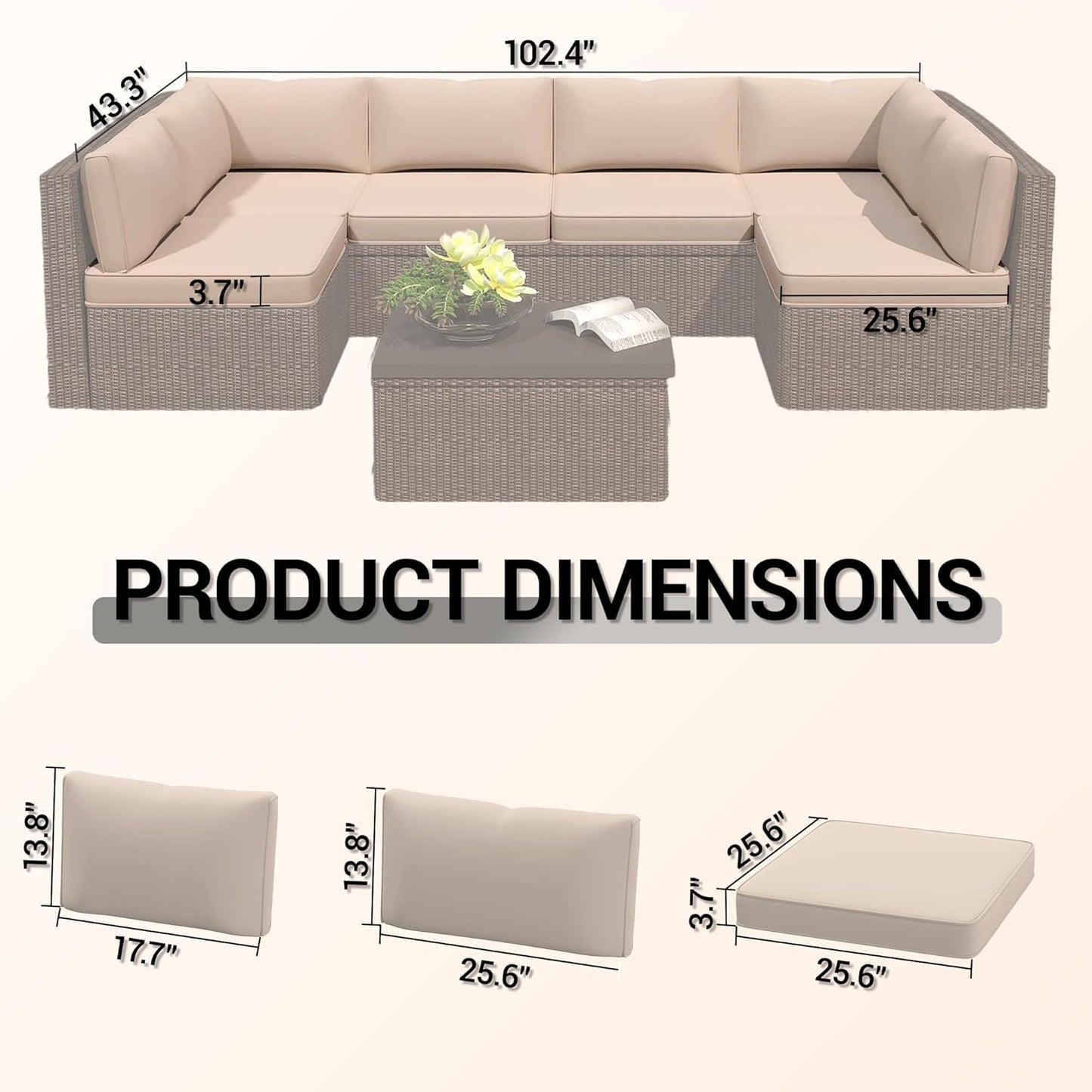 14-Piece Outdoor Replacement Cushions for Patio Furniture, Deep Seat Cushions for 6-Seat Sectional Rattan Sofa, Water-Resistant Couch Cushion Set with Non-Slip Backing, Cream White