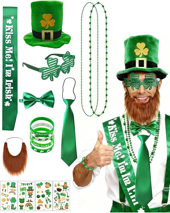 St. Patrick's Day Party Accessories Set, 52 Pcs Irish Celebration Costume Kit for adults with Hats, Bow Ties,Necktie,Beards,Shamrock Glasses, Necklaces,Wristbands,Sash for Irish Party Supplies