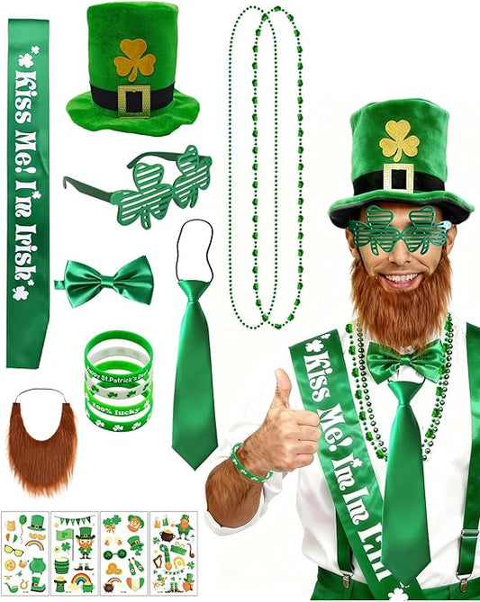 St. Patrick's Day Party Accessories Set, 52 Pcs Irish Celebration Costume Kit for adults with Hats, Bow Ties,Necktie,Beards,Shamrock Glasses, Necklaces,Wristbands,Sash for Irish Party Supplies
