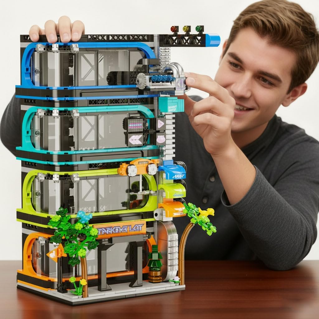 Futuristic City Parking Tower Building Set for Adults, Compatible with Lego City Mini Cars (6-Stud Wide) & 1:64 Die-Cast Cars, Vertical Car Display Garage for City Builds & Collectors (1144 Pieces)