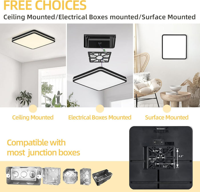 6PK 12 Inch LED Flush Mount Ceiling Light with Side Light, 40W, 2520LM, 3000K/4000K/6000K CCT Selectable, Black Square LED Ceiling Light for Hallway, Kitchen, Bedroom, Laundry Room