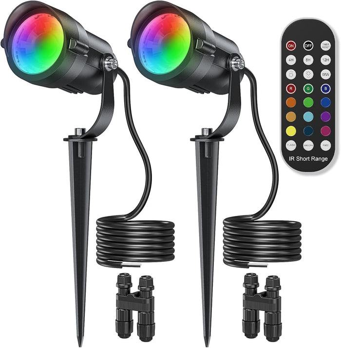 HIBOITEC Low Voltage Landscape Lighting RGBW with Remote Connectors Spotlights 12-24V AC/DC Waterproof for House Yard Trees Outdoor 2Pack(Transformers NOT Included)