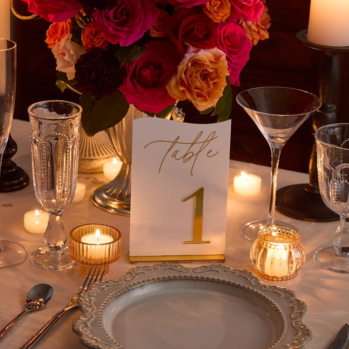 Gold Mirrored Acrylic Wedding Table Numbers Set, Self-Standing Modern Arched Signs for Reception Seating, Anniversary & Bridal Shower, Elegant Wedding Decor (5x7 Inches)