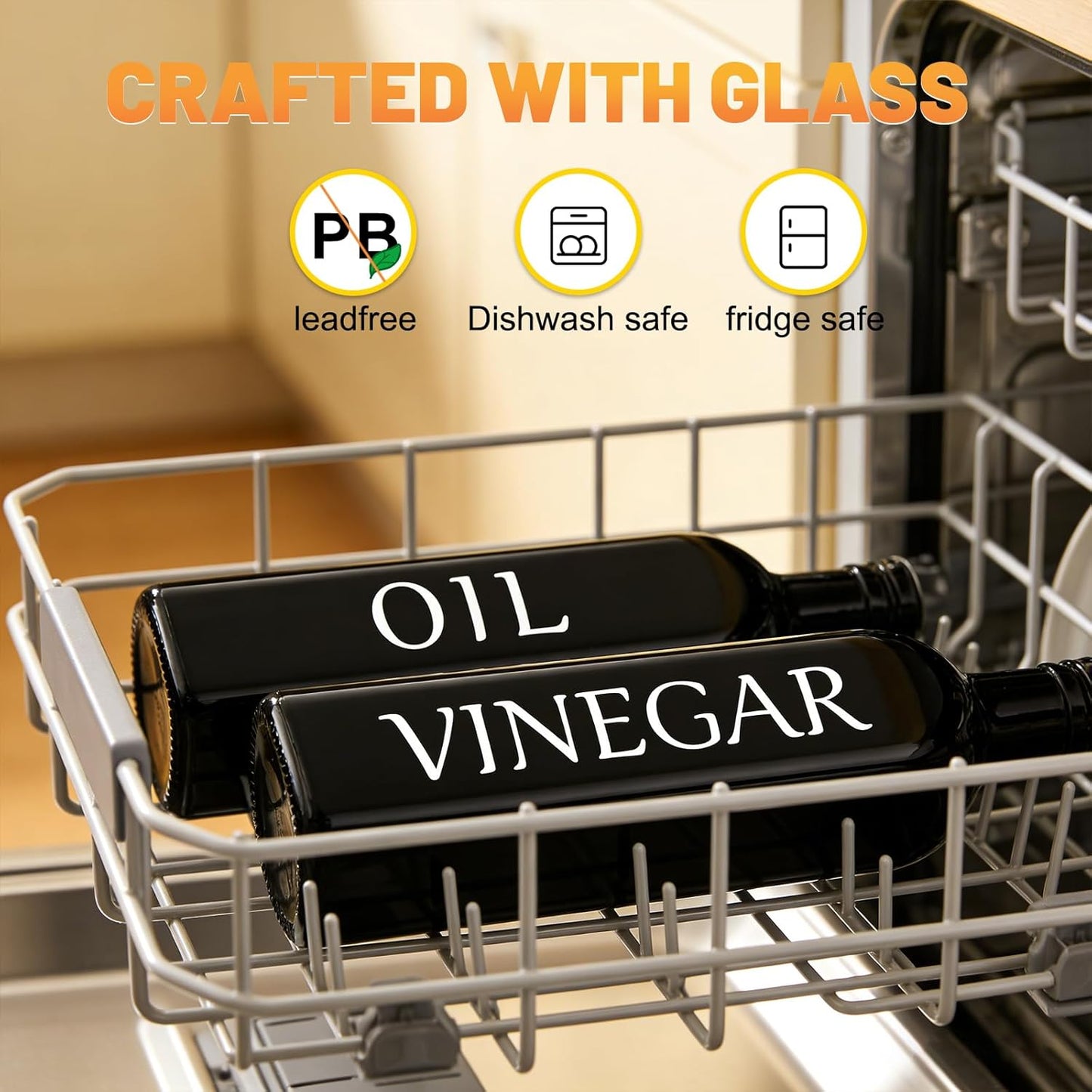 Oil and Vinegar Dispenser Set of 2, 17oz/500ml Extra Thick Glass Oil & Vinegar Cruet with Stainless Steel Pourer, Leak‑Proof Spout, Funnel & Cleaning Brush for Kitchen Cooking (Black)