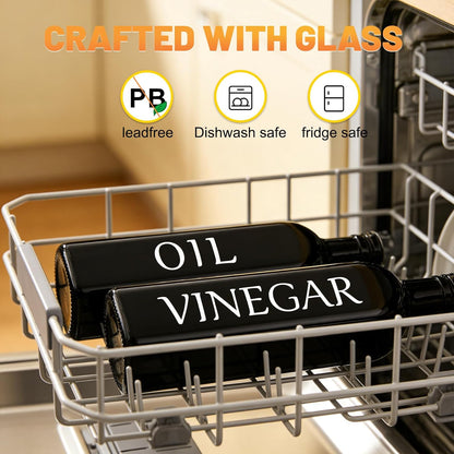 Oil and Vinegar Dispenser Set of 2, 17oz/500ml Extra Thick Glass Oil & Vinegar Cruet with Stainless Steel Pourer, Leak‑Proof Spout, Funnel & Cleaning Brush for Kitchen Cooking (Black)