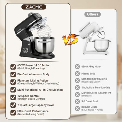 Zacme 7 Quart Stand Mixer Aluminum Die Casting, 650W 12 Speed Tilt-Head Kitchen Electric-Black Stand Mixer, Household Food Mixer with Stainless Steel Bowl, Dough Hook, Whisk and Beater (Black)