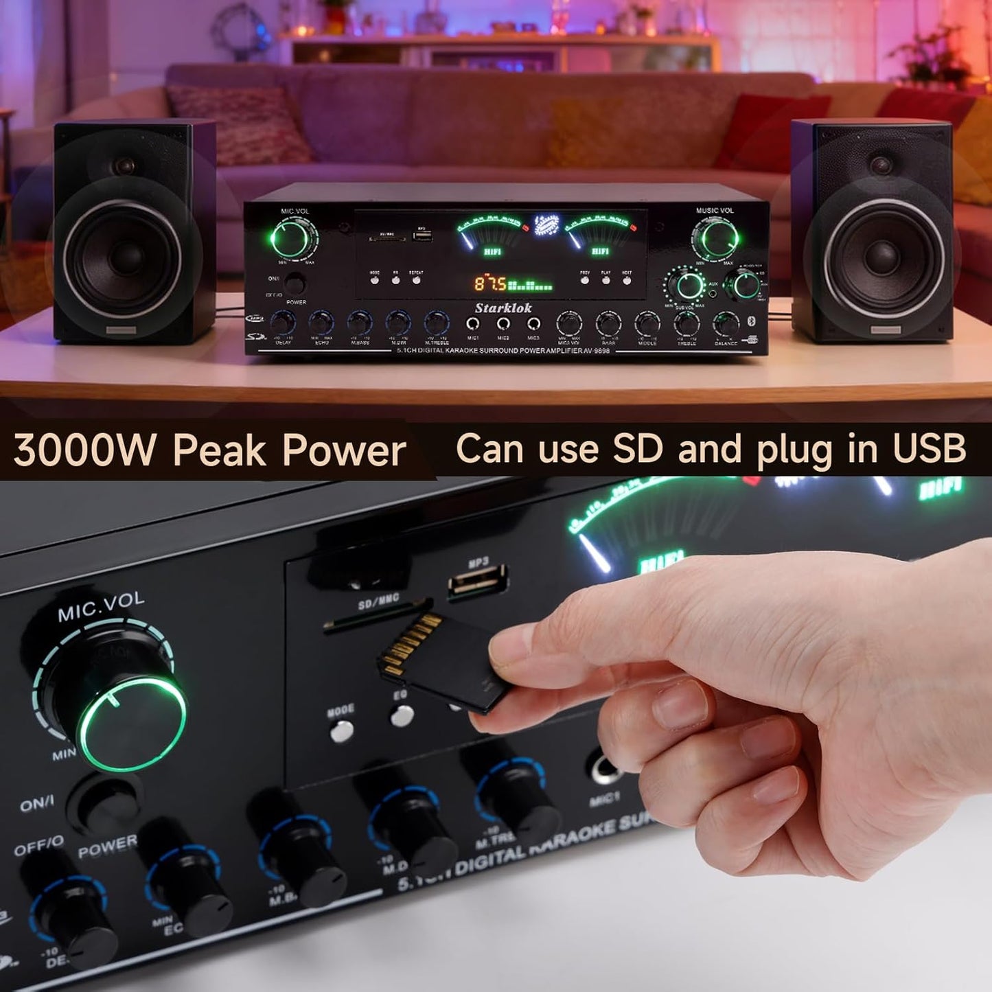3000W Peak 5.1-Channel Home Audio Power Amplifier – HiFi Stereo Amplifier with Subwoofer, 3 Microphone Inputs, USB/SD Card Reader, Remote Control for Karaoke & Home Theater