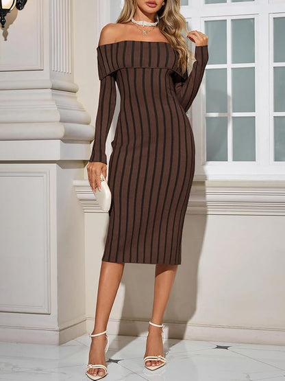 Saodimallsu Women's Off the Shoulder Midi Sweater Dress Long Sleeve Bodycon Elegant Ribbed Knit Formal Cocktail Party Dresses