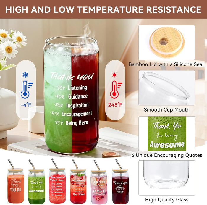 42 Pcs/6 Sets Employee appreciation gifts bulk - Includes 16oz glass cups with bamboo lid, Positive crochet, Kraft paper gift bags & straw - Thank you gifts for coworkers, Teachers, Staff & Team