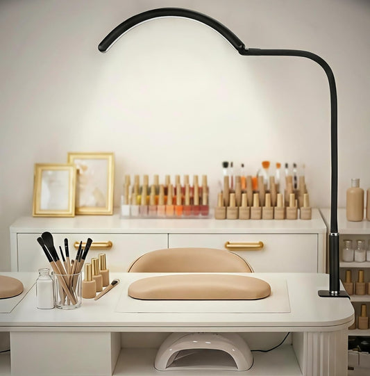 Half Moon Light for Nail Desk, Dimmable Lamp with Clamp for Manicure, Nail Techs, Study, Work, Jewelry, Tattoo. Shadowless Eye-Care Light for Reading, Art, Crafting, Sewing, Painting, DIY.Space-Saving