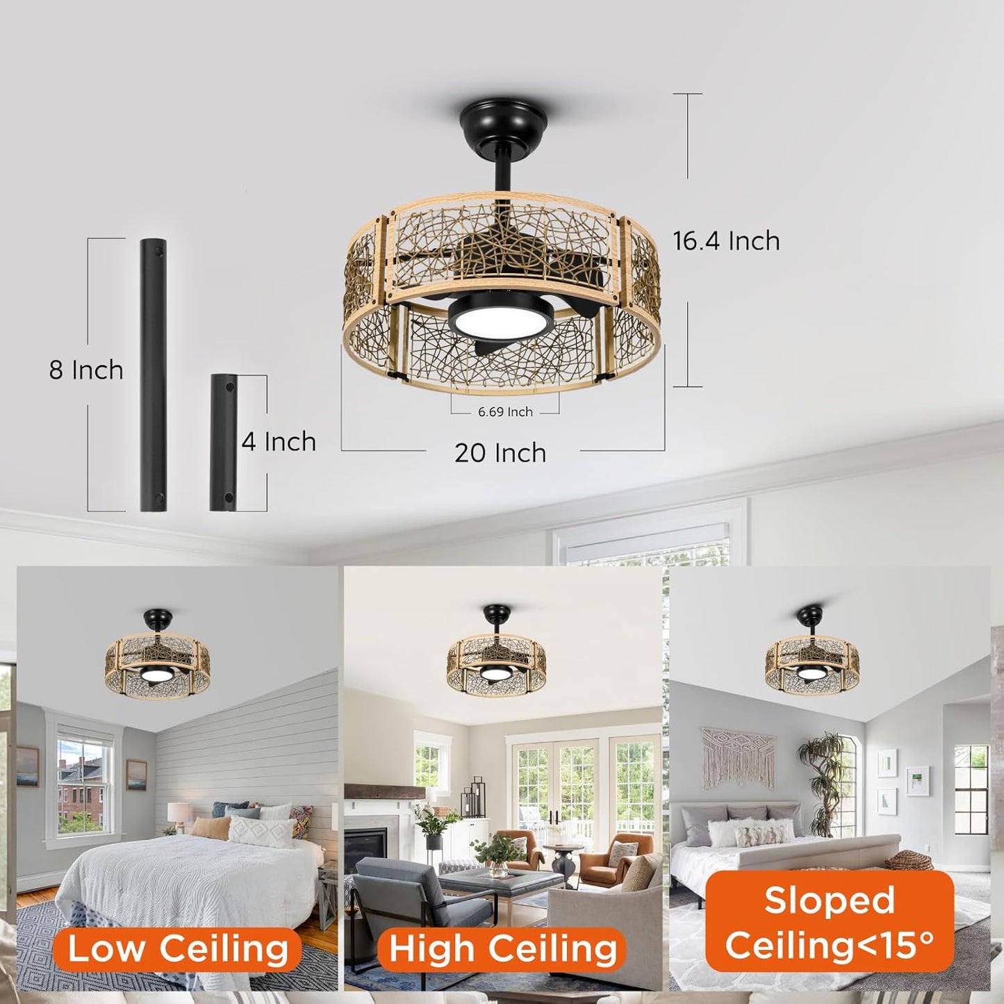 TALOYA 20 Inch Caged Ceiling Fans with Lights Chandelier Remote Control Flush Mount Low Profile for Bedroom Living Room Patio,Reversible,Buzzer Mute,Dimmable Led Light Included,Fandelier,Oak