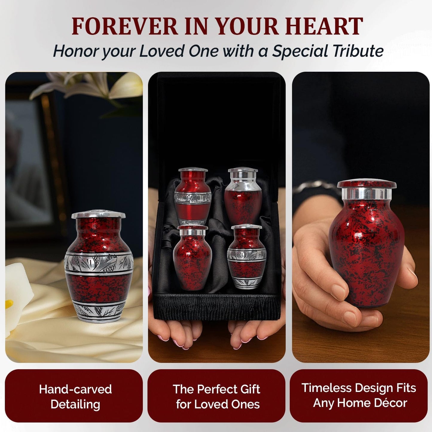 Small Urns for Human Ashes Keepsake - Mini Urn for Ashes Set of 4 - Honor Your Loved One with Handcrafted Red Keepsake Urns for Women & Men (Red, Set of 4)