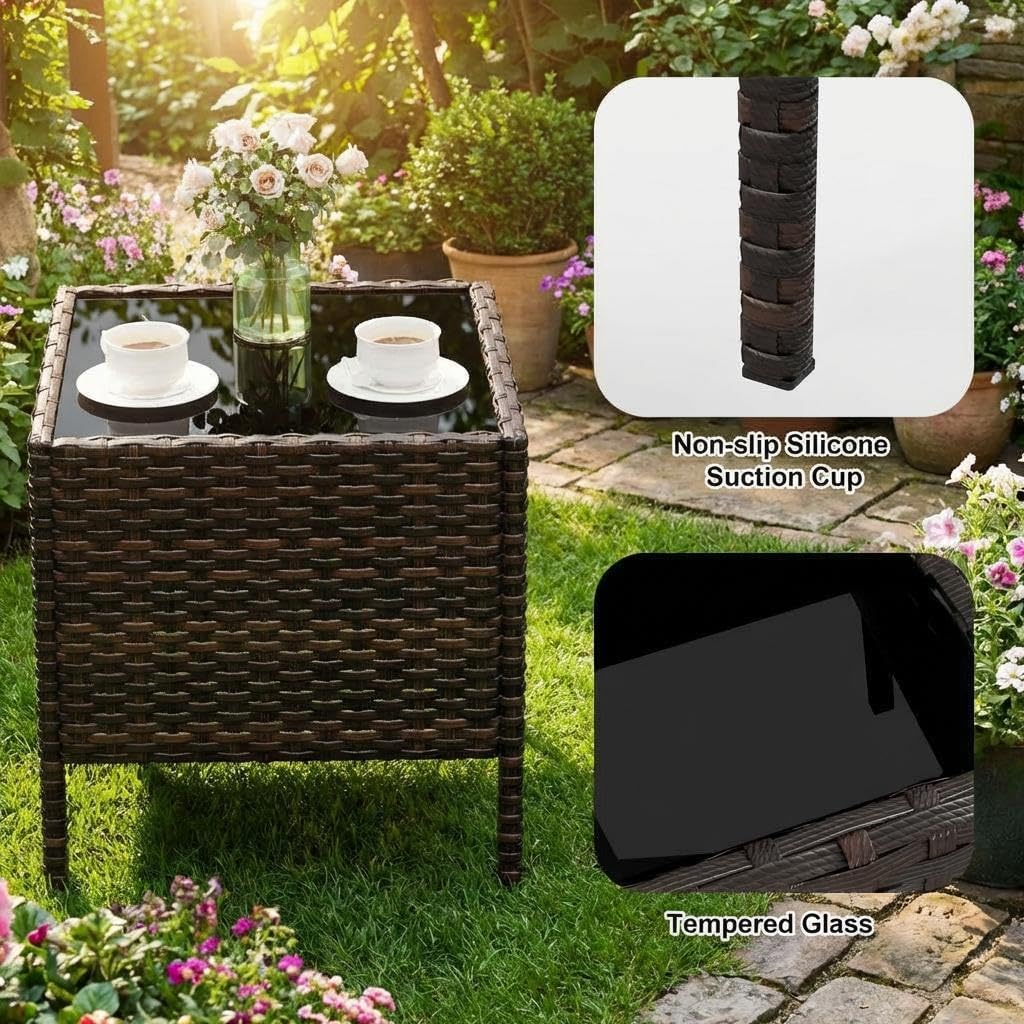 3PCS Outdoor Patio Bistro Set, PE Rattan Wicker Armchairs with Water-Resistant Cushions & Tempered Glass Coffee Table, All-Weather Conversation Set for Garden, Backyard, Porch, Poolside, Brown/Beige