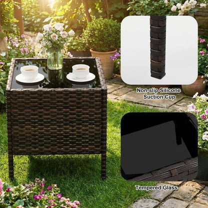 3PCS Outdoor Patio Bistro Set, PE Rattan Wicker Armchairs with Water-Resistant Cushions & Tempered Glass Coffee Table, All-Weather Conversation Set for Garden, Backyard, Porch, Poolside, Brown/Beige