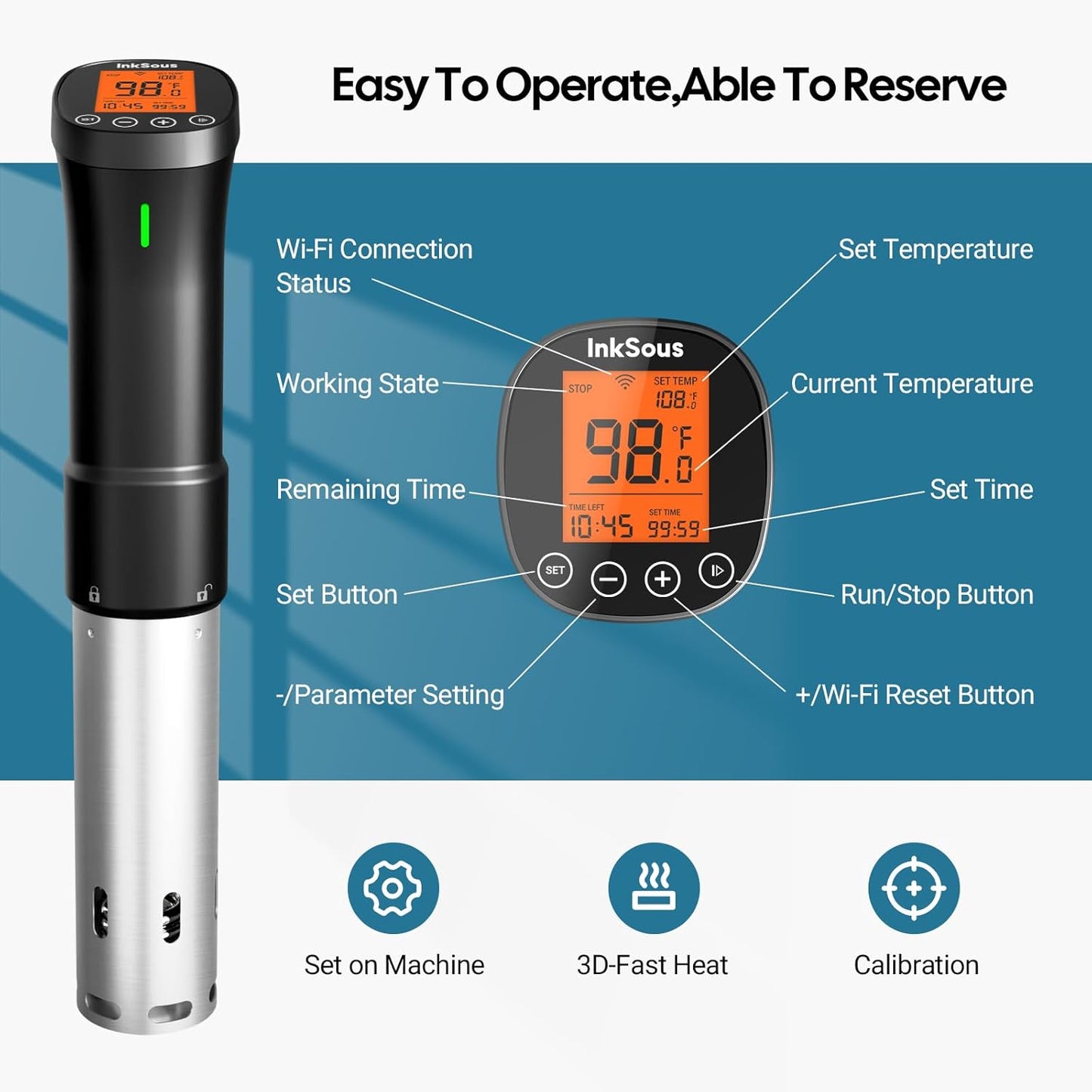 WiFi 2.4G Sous Vide Cooker 1000W,Sous Vide Machine Ultra-Quiet & 3D Fast Heating, App Control, Timer, Precise Calibration & 14 Recipes