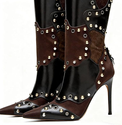 Women's Knee High Stiletto Boots – Pointed Toe Rivet Tall Boots with Side Zipper, Sexy High Heel Dress Boots for Party Nightclub Evening Clubwear Fall Winter Fashion Booties