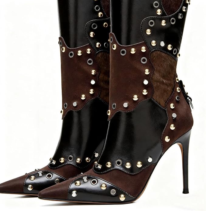 Women's Knee High Stiletto Boots – Pointed Toe Rivet Tall Boots with Side Zipper, Sexy High Heel Dress Boots for Party Nightclub Evening Clubwear Fall Winter Fashion Booties