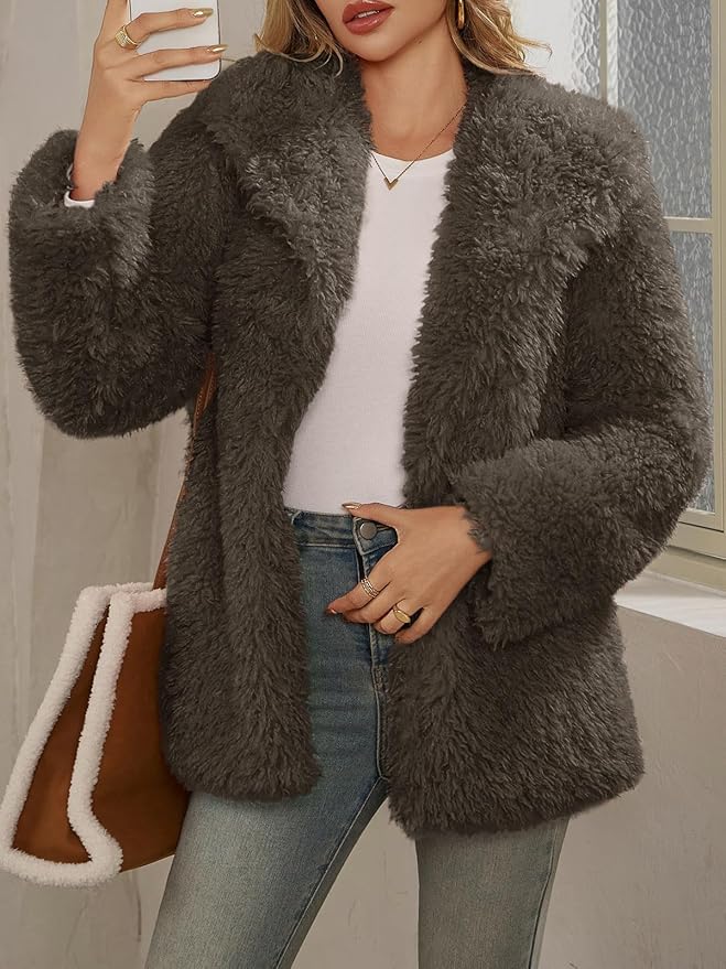 Tankaneo Womens Oversized Faux Fur Coat Lapel Collar Open Front Fuzzy Jackets Winter Warm Fluffy Outerwear