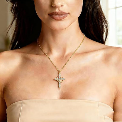Bacacab Gold Cross Necklace for Women Trendy, Real Gold Plated Minimalist Cross Necklace, Cute Cross Faith Pendant Chain Necklace Charm Crucifix Christian Non-Tarnish Jewelry Gift Box