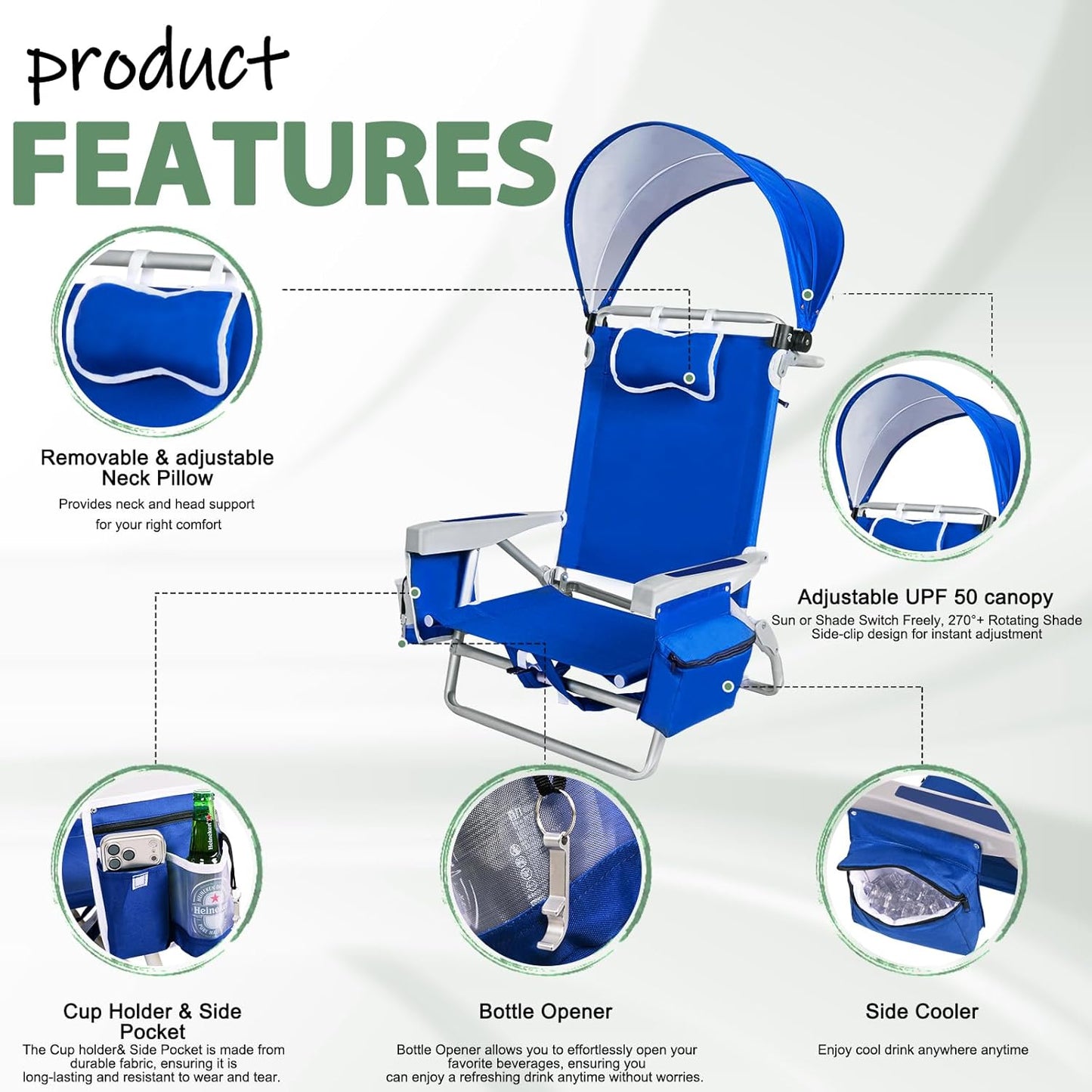 Romswi Extra Wide Beach Chair with Canopy Shade, 1 Pack Aluminum Folding Chairs with Detachable & Adjustable Umbrella, 5-Position Lay Flat, Cooler Bag, Cup & Phone Holder, Towel Bar, Royal Blue