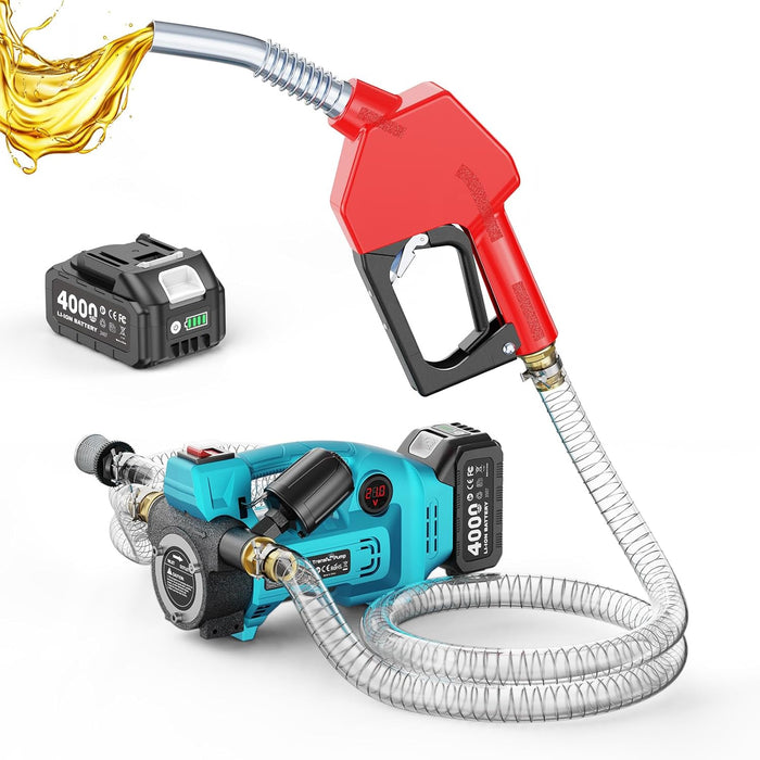SEESII Diesel Transfer Pump Battery Powered: 12GPM Cordless Electric Fuel Transfer Pump Kit w/ 4.0Ah Battery & Auto-Stop Nozzle, 2 Hoses & Filter for Diesel Kerosene Portable Fueling on Farm Boat Home