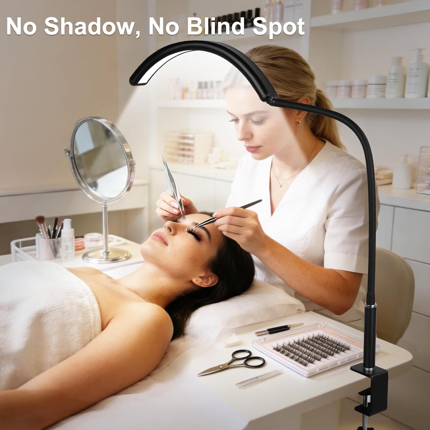 Half Moon Light for Nail Desk, Dimmable Lamp with Clamp for Manicure, Nail Techs, Study, Work, Jewelry, Tattoo. Shadowless Eye-Care Light for Reading, Art, Crafting, Sewing, Painting, DIY.Space-Saving