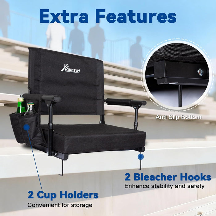 Romswi 2 Pack Stadium Seats with Back Support & Armrests, 2.8" Padded Bleacher Chairs with Cup Holders & Hooks, Portable Folding Stadium Chairs for Bleachers, Football Games & Outdoor Events, Black