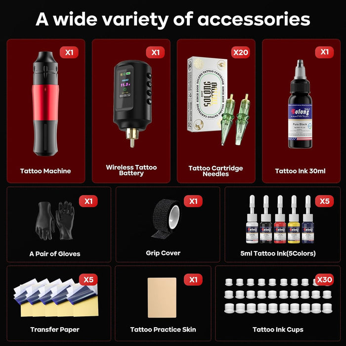 Cordless Tattoo Gun Kit, 1800mAh Rechargeable Battery & LED Display,Complete Tattoo Machine Supply for Beginners & Practice,SL-TKP202A-2