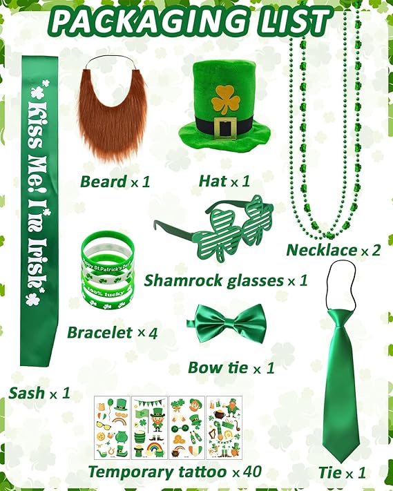 St. Patrick's Day Party Accessories Set, 52 Pcs Irish Celebration Costume Kit for adults with Hats, Bow Ties,Necktie,Beards,Shamrock Glasses, Necklaces,Wristbands,Sash for Irish Party Supplies