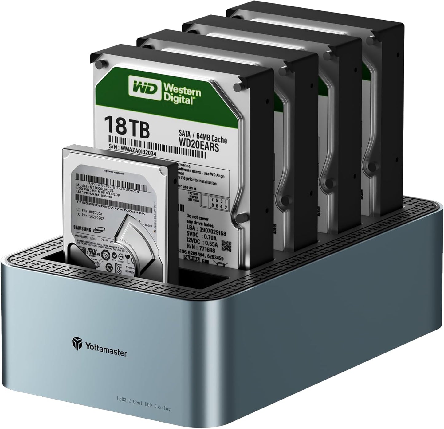 Yottamaster 5 Bay Hard Drive Docking Station Aluminum for 2.5''/3.5'' SATA SSD/HDD, USB 3.2 Gen1 Hard Drive Cloner Duplicator, Supports UASP and Up to 90TB (5x18TB) for 1-to-4 Offline Cloning (KB500)