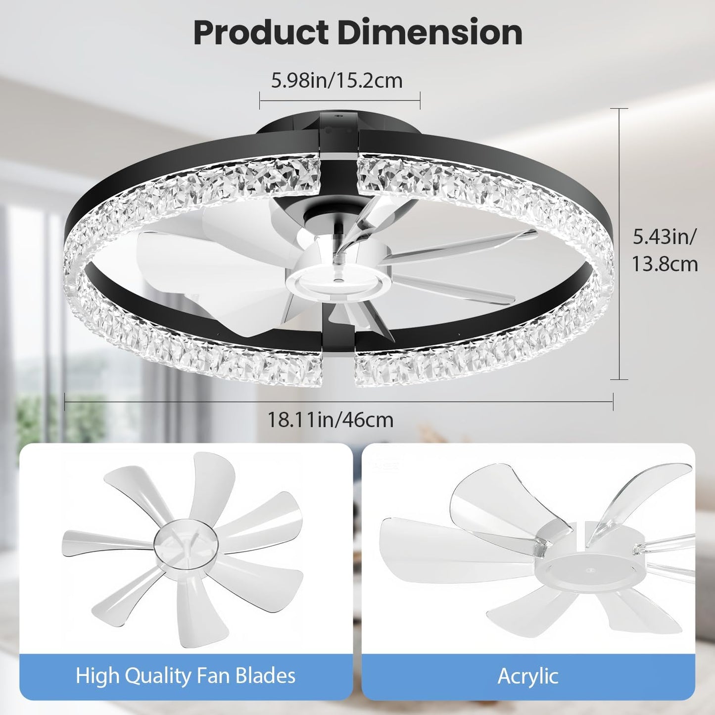 StarryEver Ceiling Fans with Lights and Remote, 18 Inch Modern Smart Ceiling Fan, 6 Speeds and 3000K-6500K Dimmable LED Fan Light, Low Profile Ceiling Fan for Bedroom, Living Room, Dining Room, Black