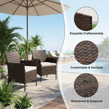 3PCS Outdoor Patio Bistro Set, PE Rattan Wicker Armchairs with Water-Resistant Cushions & Tempered Glass Coffee Table, All-Weather Conversation Set for Garden, Backyard, Porch, Poolside, Brown/Beige