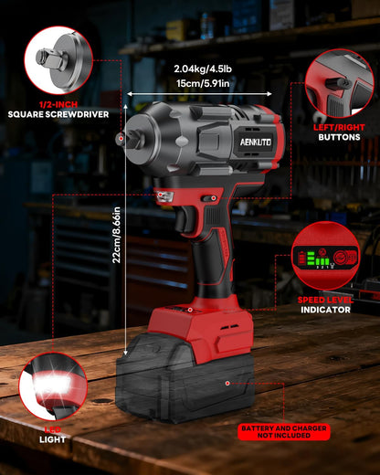 Cordless Impact Wrench for Milwaukee 18V,1500Nm (1106 Ft-Lbs) 1/2" Brushless Impact Gun, LED Work Light, 3-Speed High Torque Power Tool for Tire Removal, Rusted Bolts (No Battery)