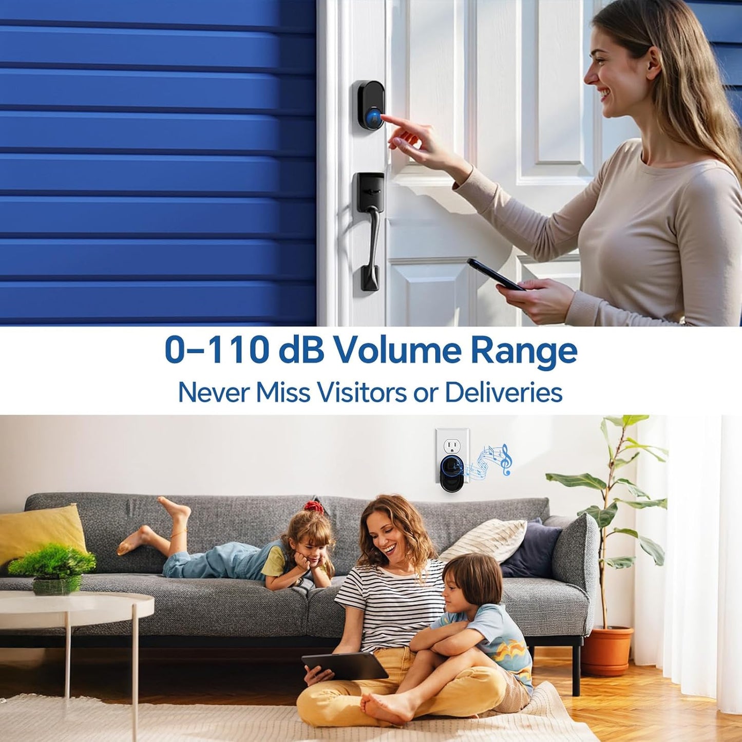 Wireless Bell 1 Transmitters 1 Receivers, Bell Front Door Radio Set, 400 m / 1300 ft Range, 58 Melodies, IP55 Outdoor Waterproof for Garden, Home, Office