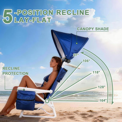 Romswi Extra Wide Beach Chair with Canopy Shade, 1 Pack Aluminum Folding Chairs with Detachable & Adjustable Umbrella, 5-Position Lay Flat, Cooler Bag, Cup & Phone Holder, Towel Bar, Royal Blue