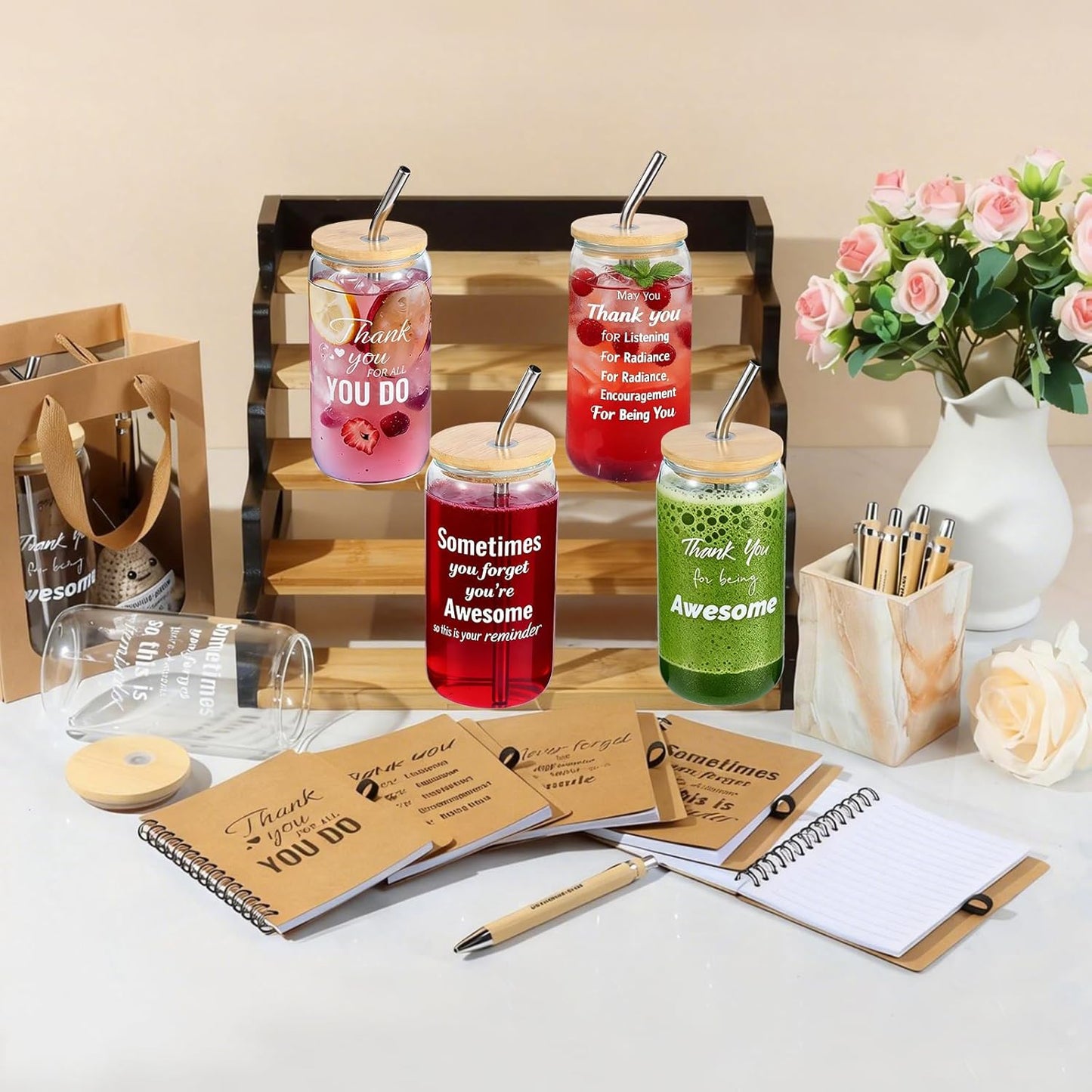 42 Pcs/6 Sets Employee appreciation gifts bulk - Includes 16oz glass cups with bamboo lid, Positive crochet, Kraft paper gift bags & straw - Thank you gifts for coworkers, Teachers, Staff & Team