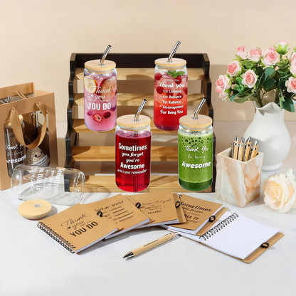 42 Pcs/6 Sets Employee appreciation gifts bulk - Includes 16oz glass cups with bamboo lid, Positive crochet, Kraft paper gift bags & straw - Thank you gifts for coworkers, Teachers, Staff & Team