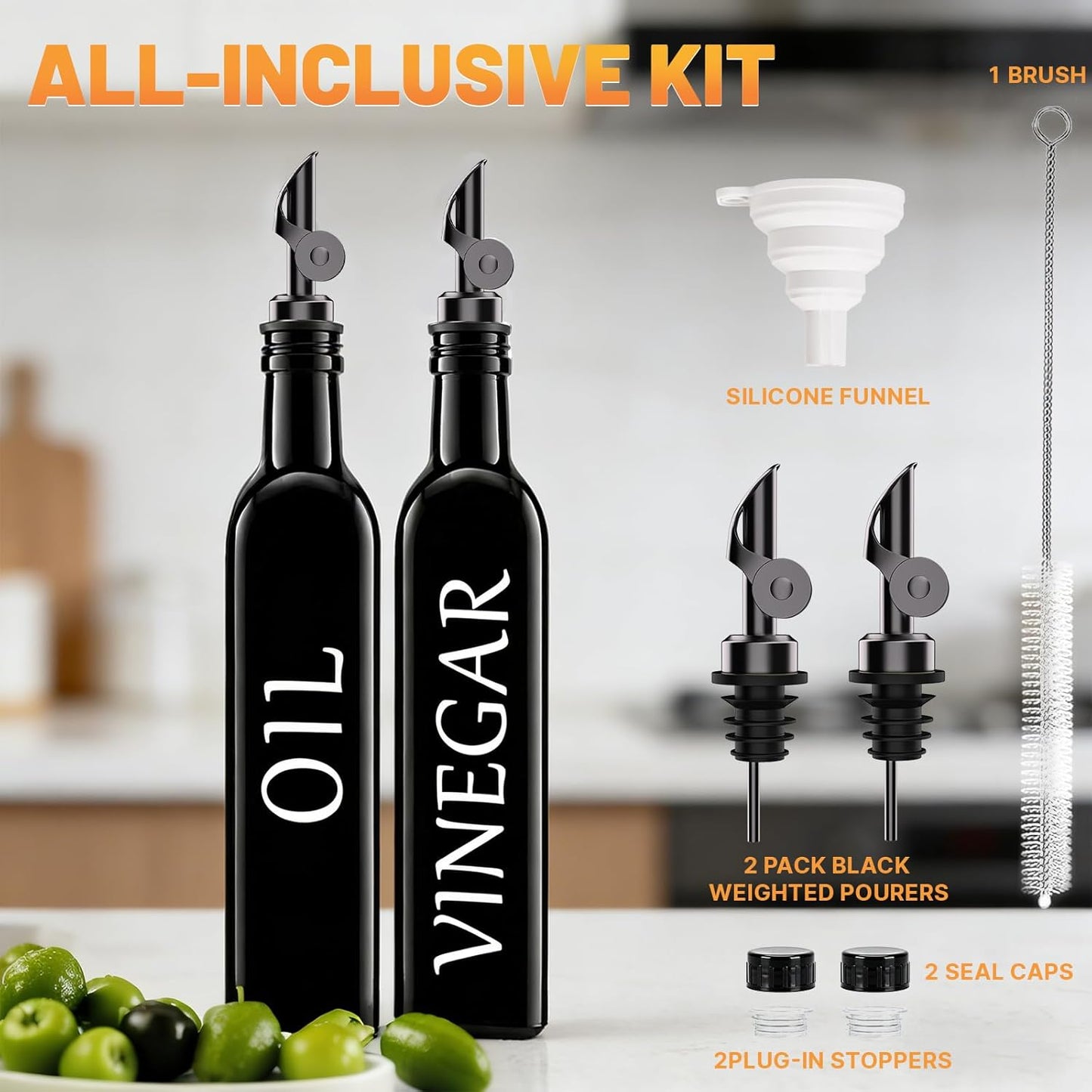 Oil and Vinegar Dispenser Set of 2, 17oz/500ml Extra Thick Glass Oil & Vinegar Cruet with Stainless Steel Pourer, Leak‑Proof Spout, Funnel & Cleaning Brush for Kitchen Cooking (Black)