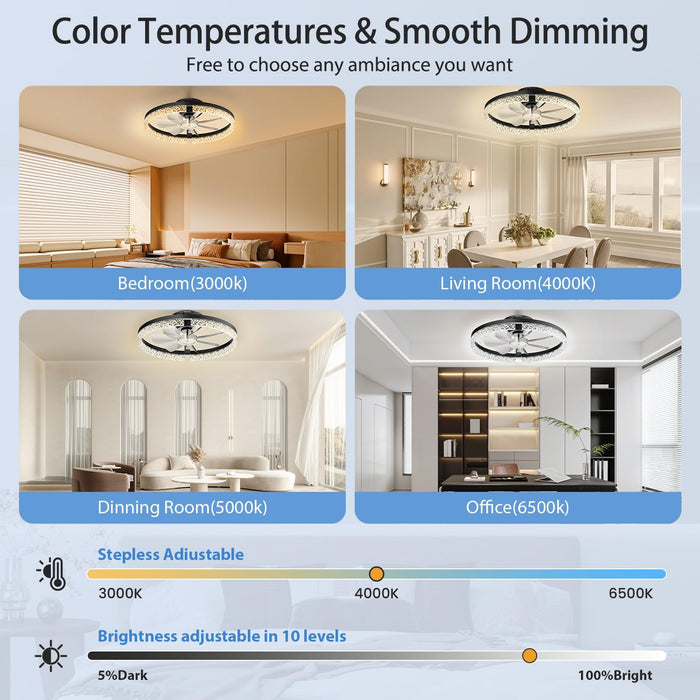 StarryEver Ceiling Fans with Lights and Remote, 18 Inch Modern Smart Ceiling Fan, 6 Speeds and 3000K-6500K Dimmable LED Fan Light, Low Profile Ceiling Fan for Bedroom, Living Room, Dining Room, Black