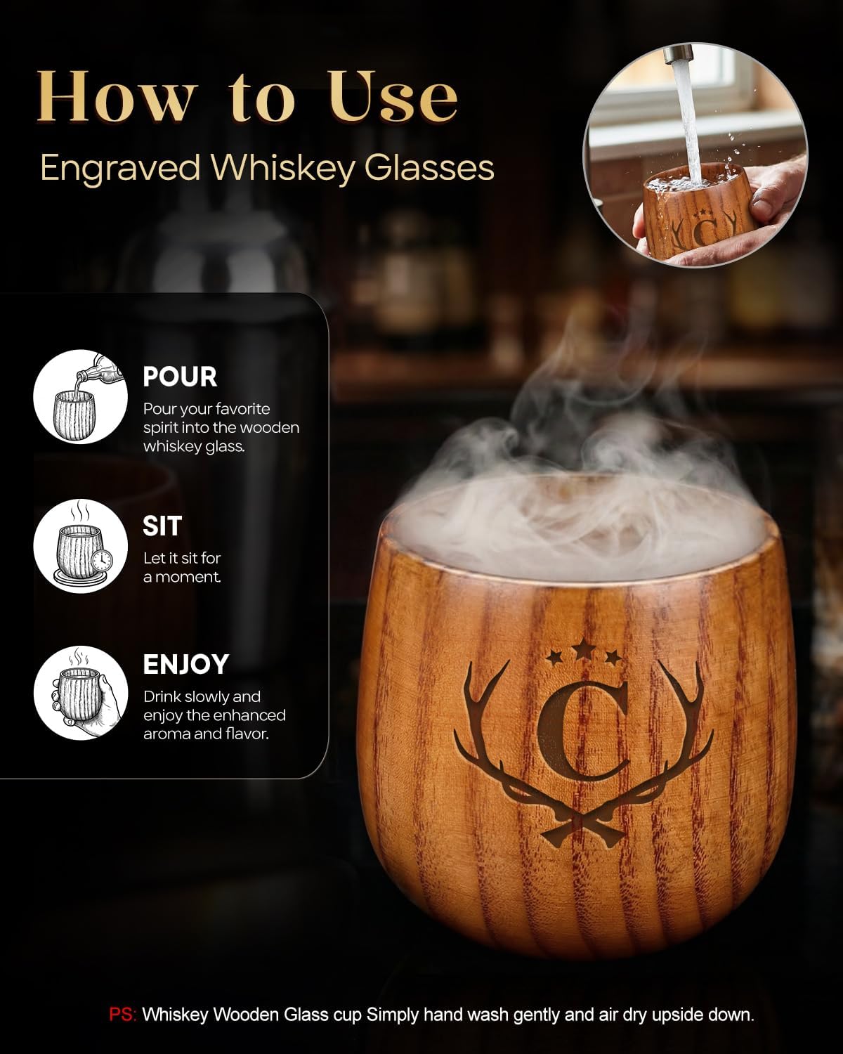 Birthday Gifts for Men Whiskey Glasses Personalized Bourbon Glasses Engraved Wood Whiskey Tumbler Gifts for Men Him Husband Dad Father's Day Whiskey Lovers Letter C Initial Bourbon Drinking Glass Cup